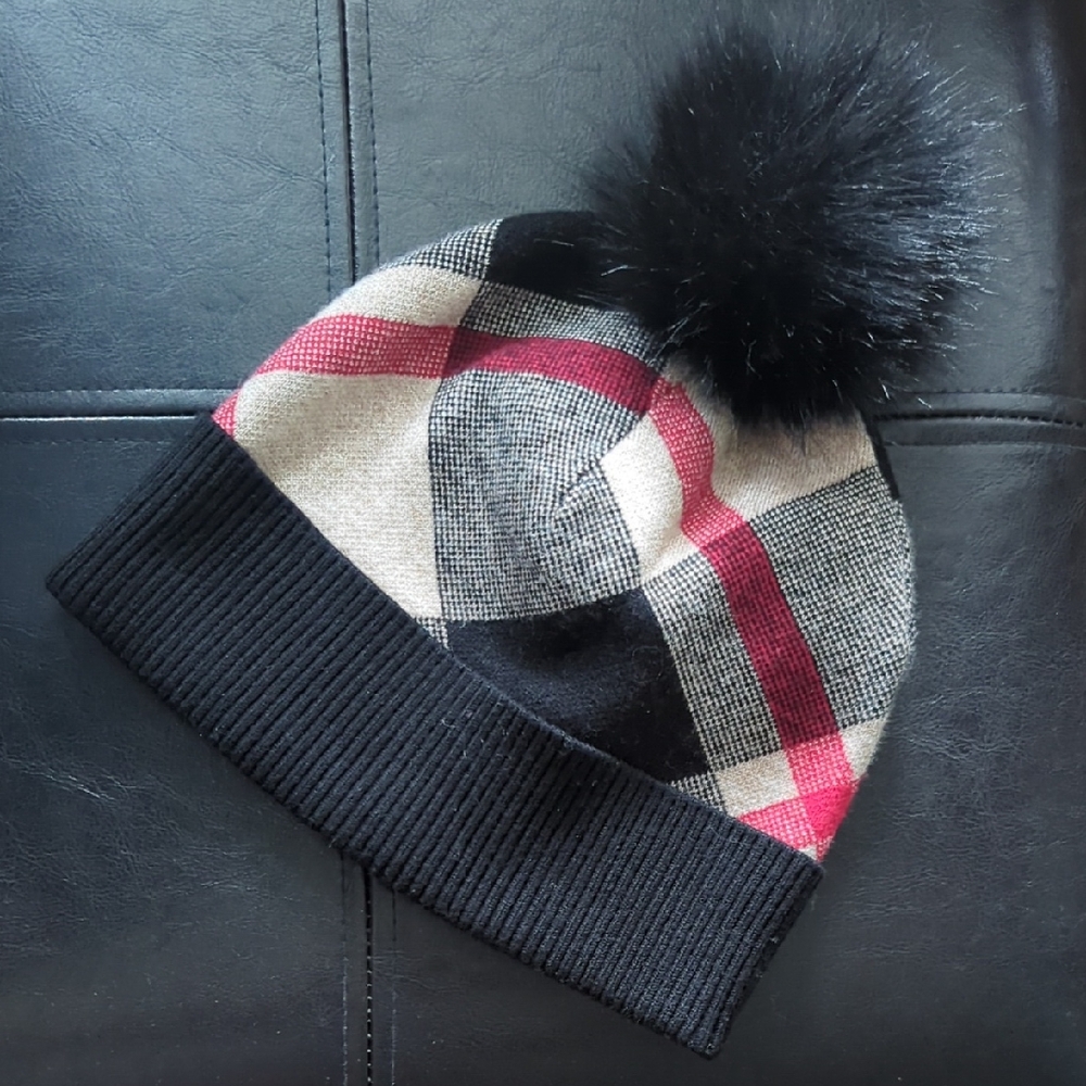 Rachel Zoe Red and Black Knit Beanie with Pom Pom